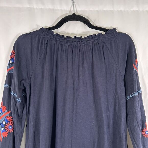 LOFT Blouse Women's Small Blue Long Sleeve Embroidered Sleeve Stretchy Neckline - Picture 8 of 9
